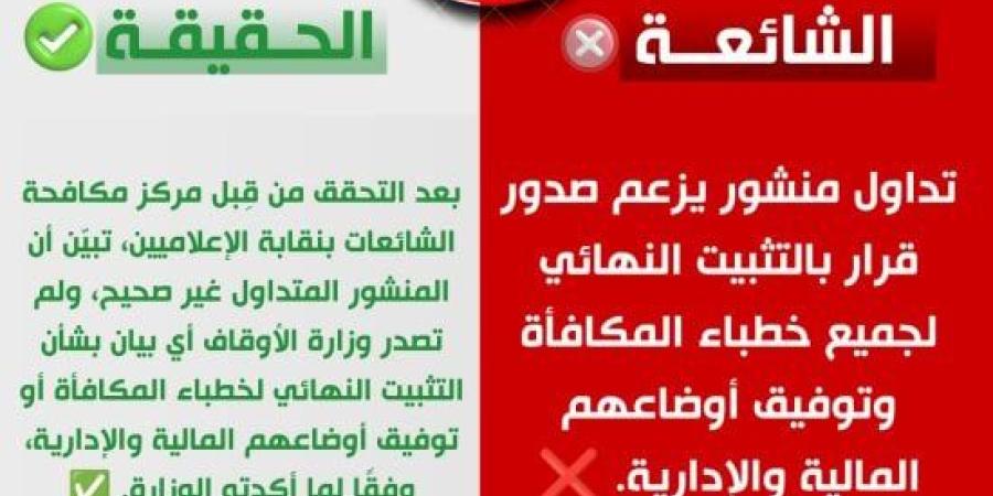 "مكافحة الشائعات بالإعلاميين" ينفي صدور قرار بالتثبيت النهائي لخطباء المكافأة :اليوم السابع