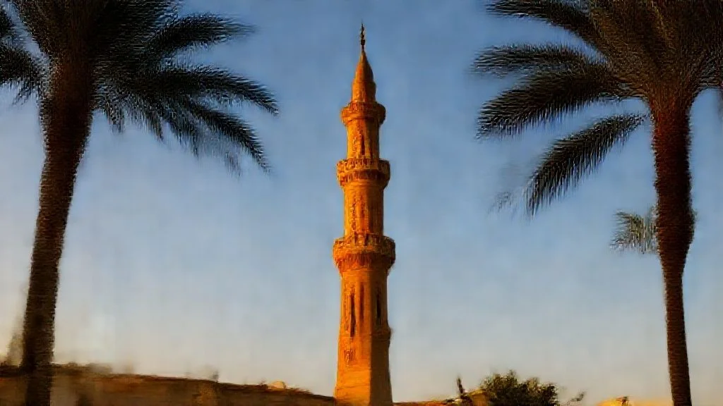 Egyptian mosque minaret sunset