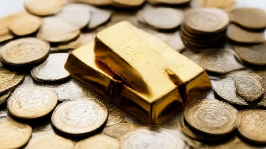 gold bars coins stack