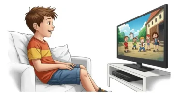 A group of happy children watching cartoons on a modern TV screen, with a bright and colorful room background.