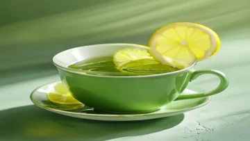 a cup of green tea with a lemon slice