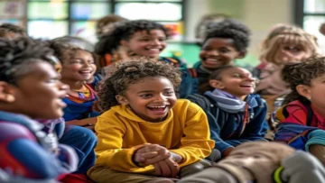 A diverse group of children of various ages enthusiastically interacting with a large colo