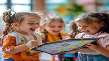 Children happily singing and dancing to educational baby songs on a tablet screen bright a
