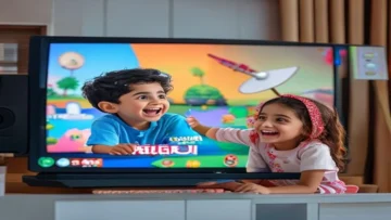 Children joyfully watching a colorful animated show on a TV screen a young boy and girl ar