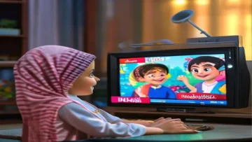 Children watching a colorful TV screen showing animated characters from Majid Kids TV chan