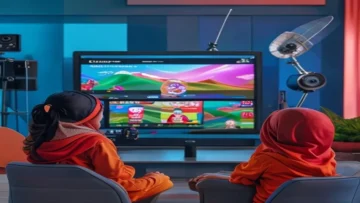 Children watching a vibrant and educational TV show on a modern screen with colorful chara