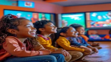 Diverse happy children watching educational TV programs on a large screen vibrant colors c