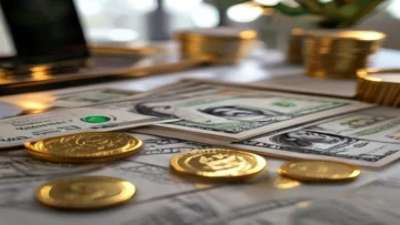 high-resolution photo of Saudi Riyal banknotes and coins on a modern desk with digital cur