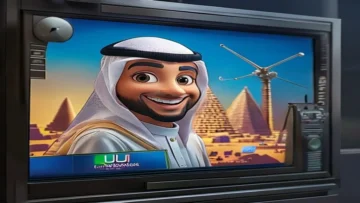 Lulu Al-Shatoura cartoon character on a TV screen with Egyptian pyramids and a happy Arab