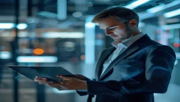 Modern government employee using a digital self-service portal on a tablet with sleek inte